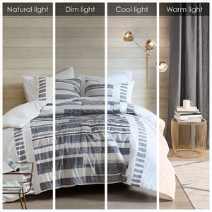 JLA Home INK+IVY - 3 Cotton Percale Duvet Cover Set with Navy Gray Print, Chenille & Fringe Trims, Antimicrobial Finish 88 L x 92 W x 0.13H II12-1216