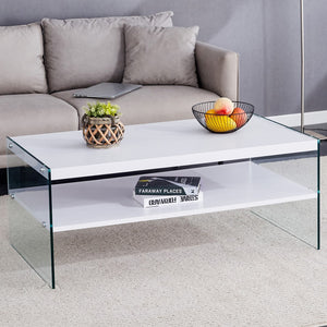 English Elm Double Rectangular Coffee Table. The Board Surface Is Mdf, With White Stickers, and Both Sides Are Transparent Tempered Glass. Suitable For Living Room, Bedroom and Other Occasions.