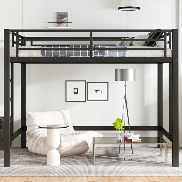 English Elm Full Metal Loft Bed with Sturdy Frame, Easy-Climb Ladder, Guardrails & Underbed Storage Space Black W1580P370678