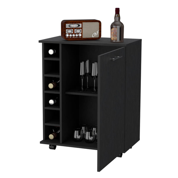 English Elm Rawlins Bar Cart Black with 6-Bottle Rack, Hidden Storage Cabinet, Top Serving Surface & Casters B128P176158
