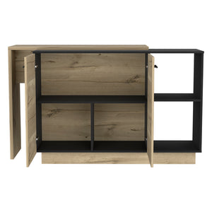 English Elm Kitchen Island With Double Door Cabinets, Stylish Black & Light Oak, Perfect For Dining & Storage B097S00155