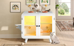 English Elm Cat Litter Box Enclosure Mdf Cabinet with Rgb Lighting Glass Doors and Play Loft White N704P419240K