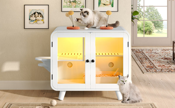 English Elm Cat Litter Box Enclosure Mdf Cabinet with Rgb Lighting Glass Doors and Play Loft White N704P419240K