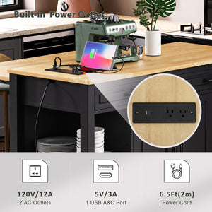 English Elm K&K 47 Inch Kitchen Island with Extendable Dining Table, Rolling Storage Cabinet, Built-In Power Black N707P215327B