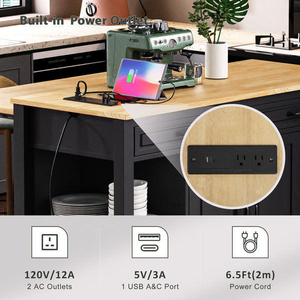 English Elm K&K 47 Inch Kitchen Island with Extendable Dining Table, Rolling Storage Cabinet, Built-In Power Black N707P215327B