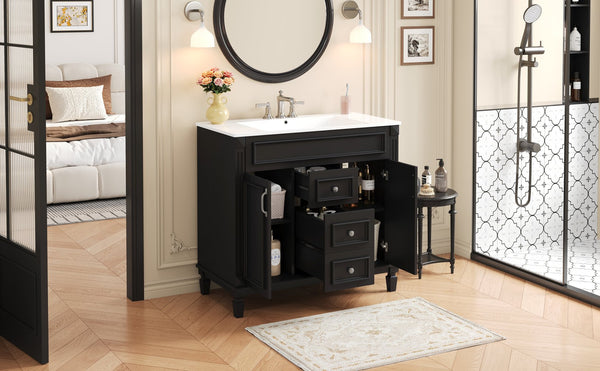 English Elm 36'' Modern Bathroom Vanity With Black Ceramic Top, Soft Closing Doors & Drawers For Stylish Storage N710P230231B