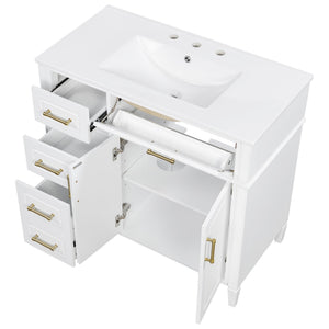 English Elm 36 Inch Freestanding Bathroom Vanity Sage Pine Cabinet Gold Hardware Ceramic Sink White N725P366466K