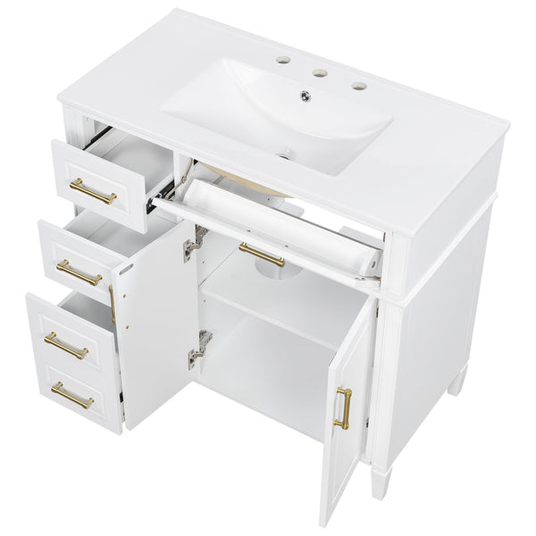 English Elm 36 Inch Freestanding Bathroom Vanity Sage Pine Cabinet Gold Hardware Ceramic Sink White N725P366466K