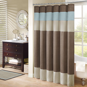 JLA Home Madison Park - Faux Silk Dupioni Shower Curtain with Pintuck Color-Block Panels, Lightweight Hotel-Quality Draping Blue MP70-220