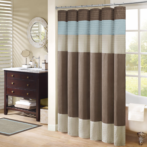 JLA Home Madison Park - Faux Silk Dupioni Shower Curtain with Pintuck Color-Block Panels, Lightweight Hotel-Quality Draping Blue MP70-220