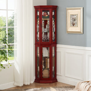 English Elm Lighted Corner Curio Cabinet - Elegant Glass Display With Adjustable Shelves & Ambient Lighting In Cherry W1758P300138