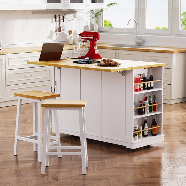 English Elm K&K 53" Large Kitchen Island with 2 Stools, Built-In Power Station, Wheels, Drop Leaf & Ample Storage White N707S000007W