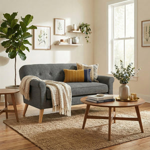 English Elm Love Seat with Button Tufted Back Rolled Arms Tapered Legs Mid-century Modern Style N771P202672D