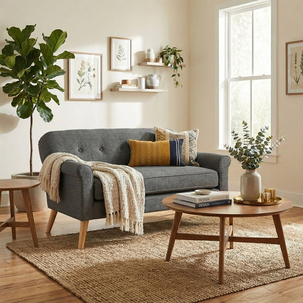 English Elm Love Seat with Button Tufted Back Rolled Arms Tapered Legs Mid-century Modern Style N771P202672D
