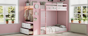 English Elm Twin Bunk Bed with Storage Drawers Hanging Rail Led Shelves and Pegboard Organizer Pink LT000282AAH