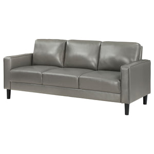 English Elm Farallone Faux Leather Track Arm Sofa with Tapered Legs, Sleek Modern Profile and Smooth Cushions for Compact Living Spaces Grey B062P354050