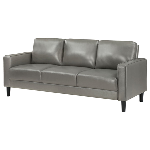 English Elm Farallone Faux Leather Track Arm Sofa with Tapered Legs, Sleek Modern Profile and Smooth Cushions for Compact Living Spaces Grey B062P354050