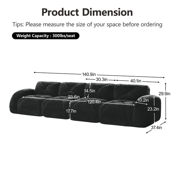 English Elm 140''soft Velvet Modular Cloud Sofa Tufted Plush Seating for Living Room or Home Theater Black W714S01629
