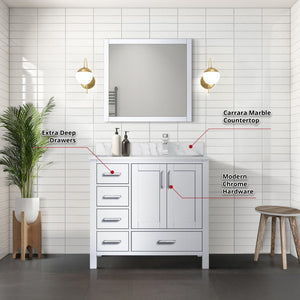 English Elm White Bath Vanity Set With Right Offset Carrara Marble Top, Chrome Faucet & 34" Mirror - Elegant Design! B2731S01257-GIGA