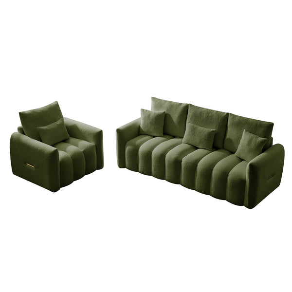 English Elm 80.7 Inch Plush Teddy Velvet 3 Seat Sofa Solid Wood Frame with Six Included Cushions Army Green W2564S00069