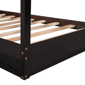 English Elm Wood House Bed L-shaped Twin Frame Pinewood Kids Room Peaked Roofline Espresso Finish LP001345AAP