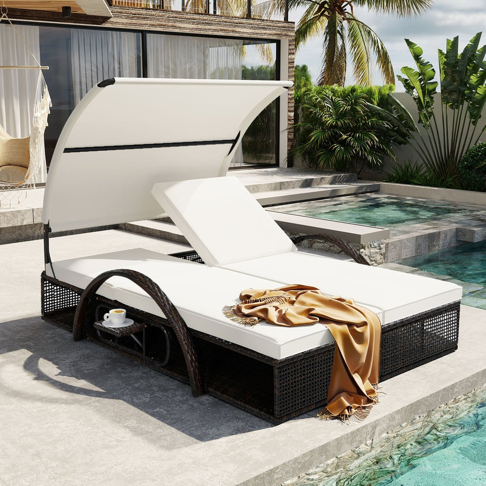 English Elm U_style Outdoor Double Sun Lounger Hdpe Wicker Steel Frame with Canopy Pop up Tables Beige WY000485AAA