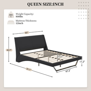 English Elm Queen Pu Leather Platform Bed Sculptural Wave Base Floating Silhouette Modern Bedroom Black N761S0000031B
