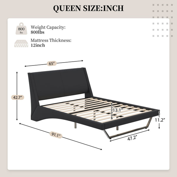English Elm Queen Pu Leather Platform Bed Sculptural Wave Base Floating Silhouette Modern Bedroom Black N761S0000031B