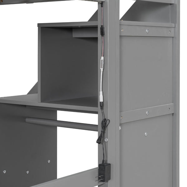 English Elm Twin Loft Bed with Staircase Desk Dual Drawers and Led Strip for Kids Rooms Gray LT000257AAE-1