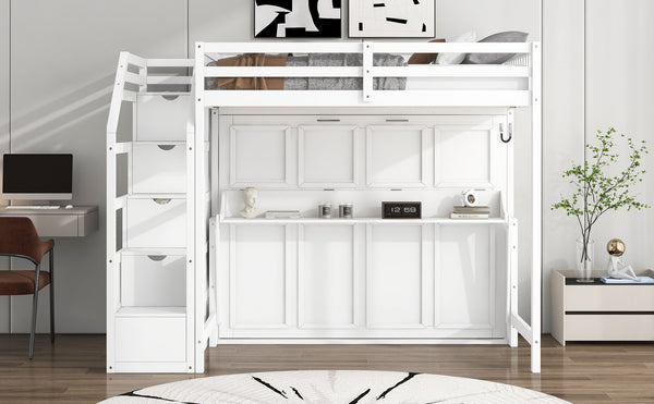 English Elm Full XL Loft Bed with Storage Staircase & Murphy Bed, Solid Pine, LED Light, Space-Saving White N7090004017K