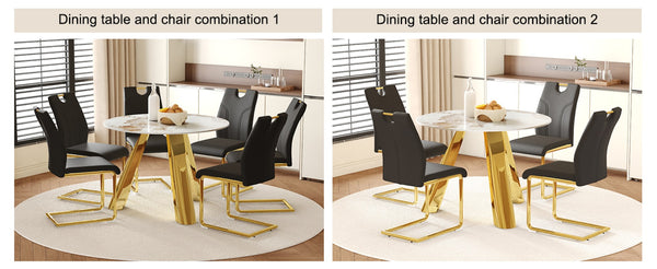 English Elm Table 5-Piece Dining Set: 42-Inch White Imitation Marble Round Top With 4 Chic Black Chairs & Gold Legs W2920S00051-GIGA