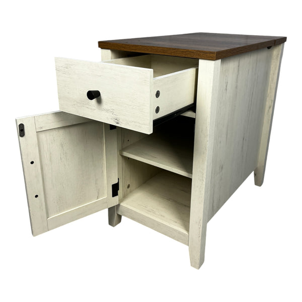 English Elm Farmhouse Nightstand with Charging Station and Barn Door Drawer — USB-C, AC Outlets, Compact Storage Brown+White W1412P230407