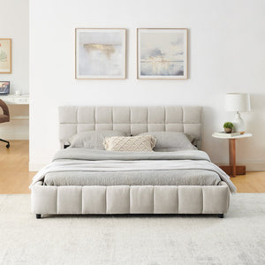 English Elm Queen Chenille Upholstered Platform Bed with Storage Drawers and Padded Headboard Beige W487P235287
