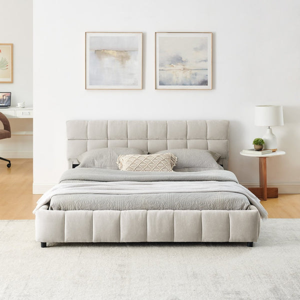 English Elm Queen Chenille Upholstered Platform Bed with Storage Drawers and Padded Headboard Beige W487P235287