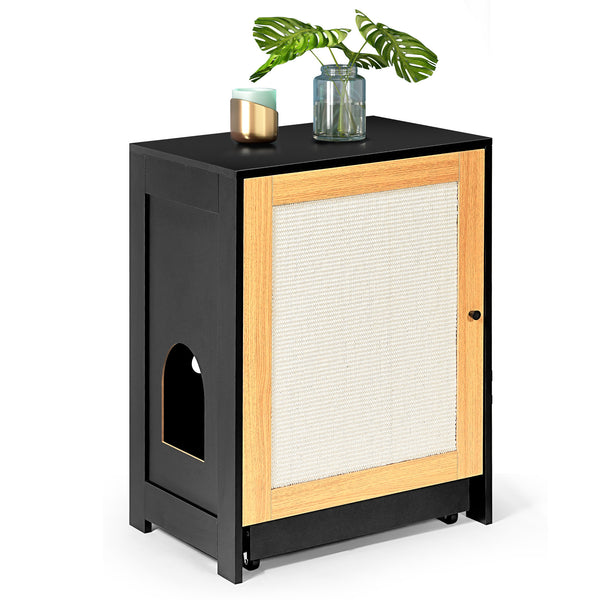 English Elm Cat Litter Box Enclosure Modern Black Litter Cabinet with Sisal Scratching Door, Wheels & Storage W1687P356622