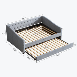 English Elm Full Size Daybed With Twin Trundle - Stylish Upholstered Sofa Bed In Light Grey With Nailhead Trim W2336S00036