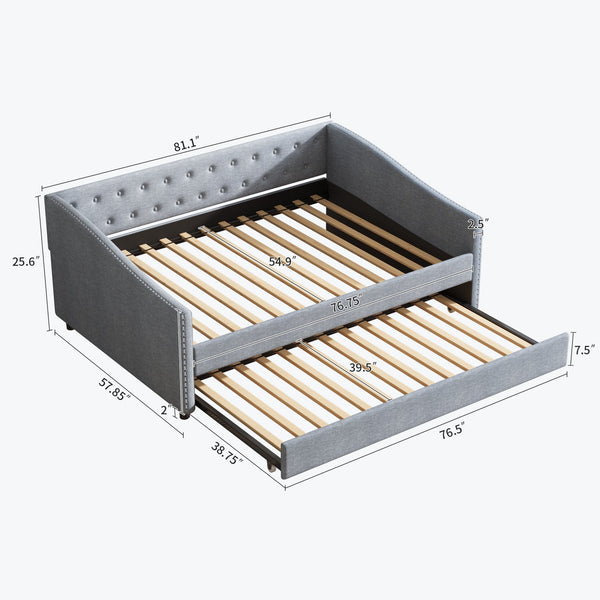 English Elm Full Size Daybed With Twin Trundle - Stylish Upholstered Sofa Bed In Light Grey With Nailhead Trim W2336S00036