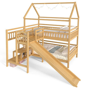 English Elm Full Bunk Bed with Trundle Bookshelf Storage Pine Frame Car Design for Kids Natural W1580S00303
