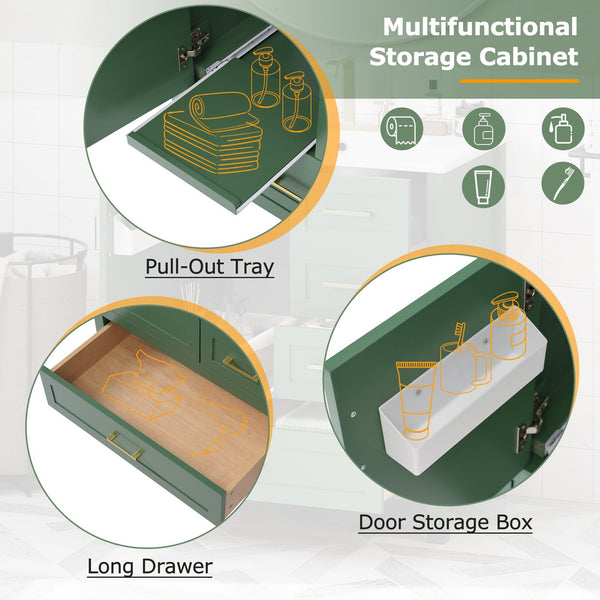 English Elm 30" Green Modern Bathroom Vanity with Ceramic Sink, Solid Wood Frame, Soft-Close Doors & Drawers N729P177787F