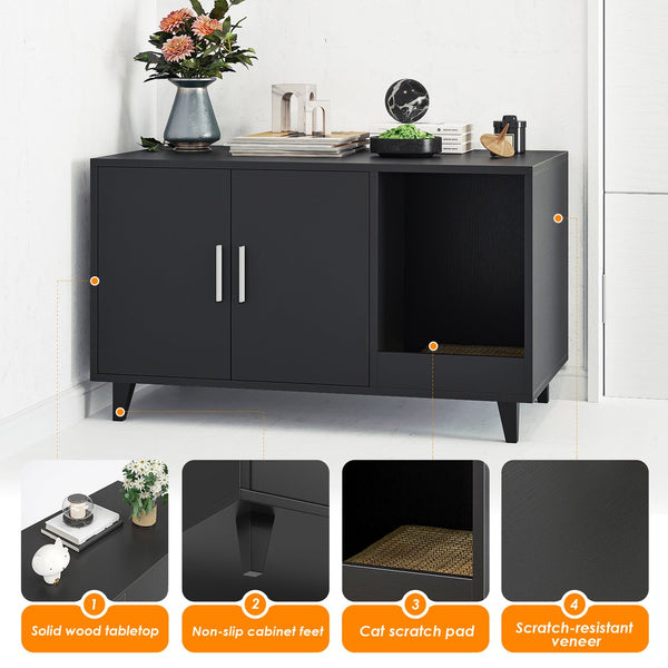 English Elm STARY Hidden Cat Litter Box Enclosure Furniture with Scratch Pad, Odor-Control, Sturdy 120LB Load Black T3623P339384