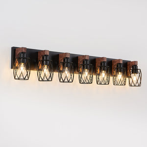 English Elm Industrial Seven Light Black Iron Cage Sconce with Walnut Wood Backplate for Bath W1340P276817