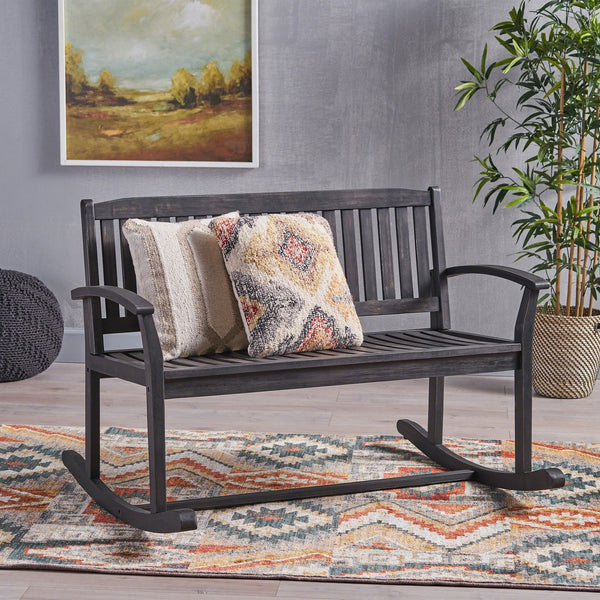 English Elm Christopher Knight Home® - Patio Acacia Wood Rocking Loveseat with Armrests — Handcrafted 2-Person Porch Bench, Slatted Comfort DARK GREY 62267.00DGRY