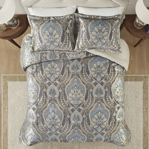 English Elm 4 Piece Julius King Comforter Set Blue/Grey Jacquard Chenille Luxury Bedding with Gold Illusion, Regal Style B035128757