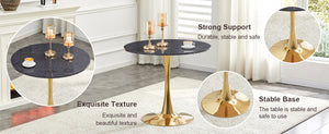 English Elm Round Faux Marble Tulip Pedestal Dining Table Mid Century Modern for Small Bistro Spaces Gold,Gray W2920P405351