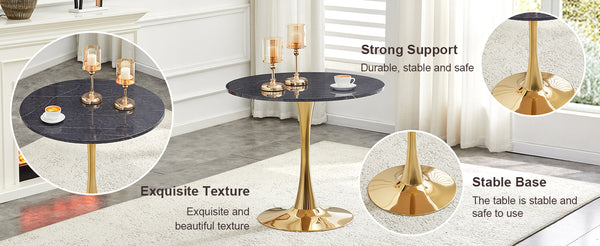 English Elm Round Faux Marble Tulip Pedestal Dining Table Mid Century Modern for Small Bistro Spaces Gold,Gray W2920P405351