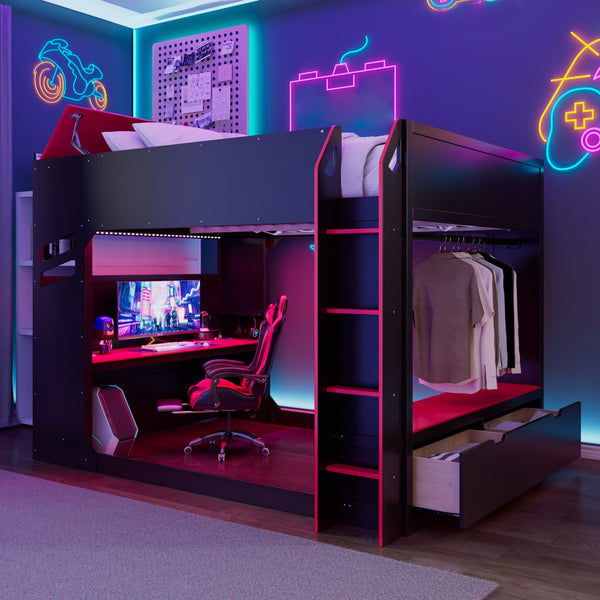 English Elm Full Size Loft Bed with Rgb Lighting Desk Drawers Hanging Rod Teen Bedroom Red LT000288AAJ-1