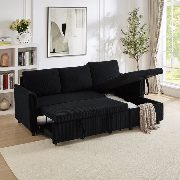 English Elm Loveseat Sectional Sleeper Sofa with Corduroy Tufted Upholstery Storage Chaise Reclining Black W2186S00011