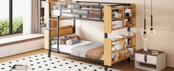 English Elm Twin Metal Bunk Bed with Built-In Headboard Storage and Footboard Shelves, Sturdy Space-Saving Design Black SF000176AAB