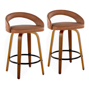 English Elm Fixed-height Swivel Counterstools Mahogany Wood Chrome Footrest Velvet Seat Set of 2 Camel B202S01774