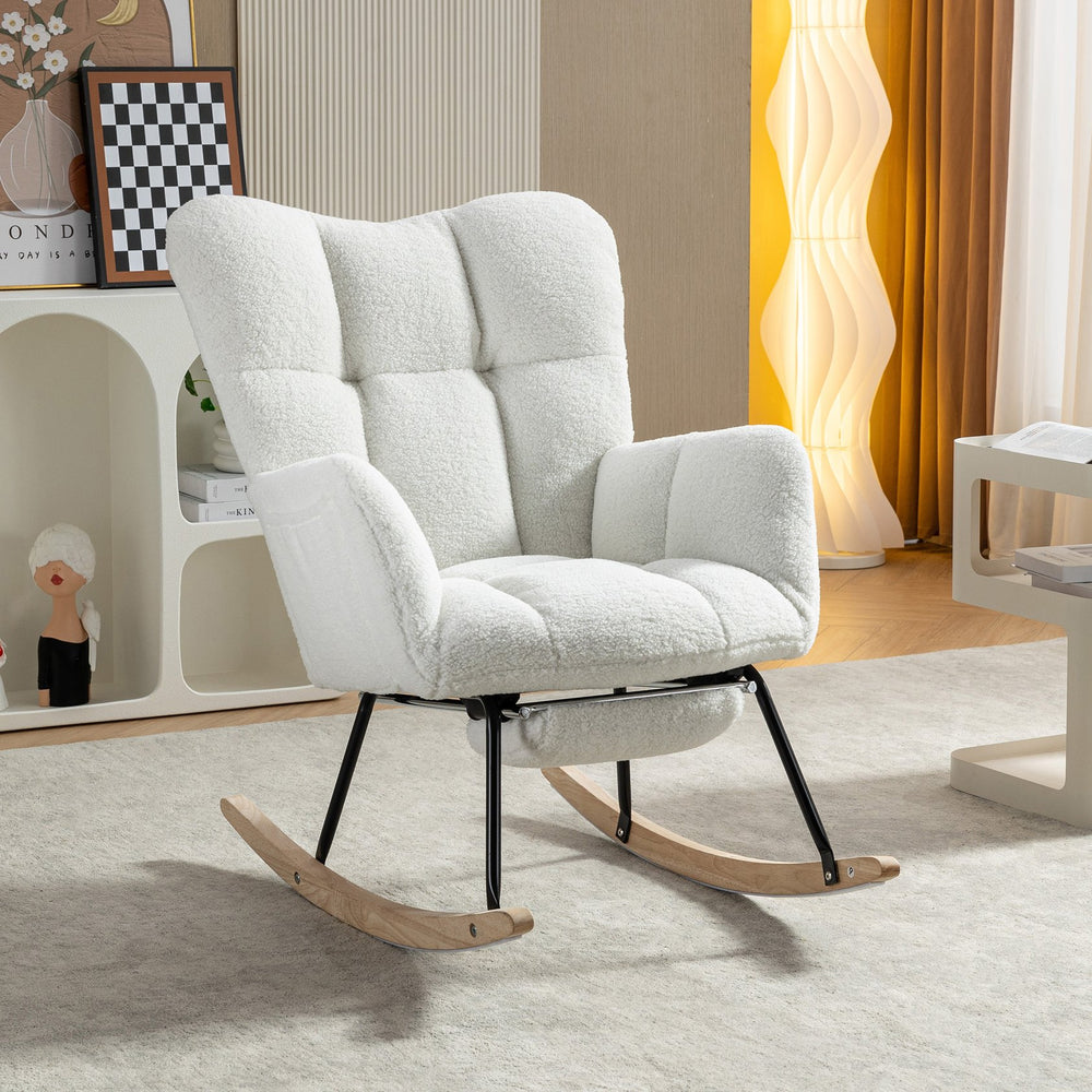 English Elm 067-teddy Fabric High Back Nursery Rocking Chair with Adjustable Footrest and Storage Pocket Ivory W527P420892